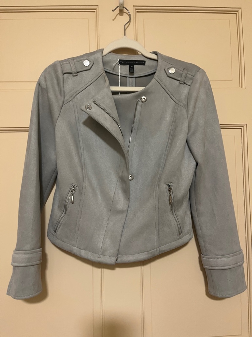 White House Black Market Light Gray Suede-Style Moto Jacket
